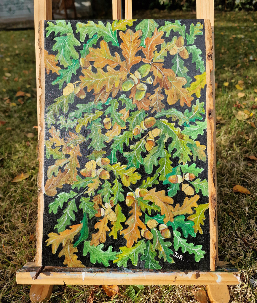 A - Large Hand painted Wood Slice - Autumn Oak - 13" x 9"