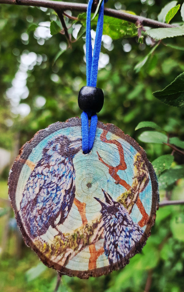 Decorative Wood Totem Pendant - Huginn and Muninn