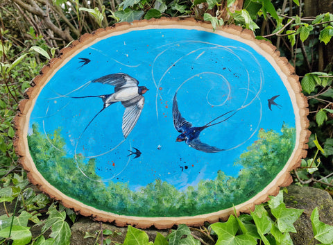 A - Large Hand painted Wood Slice - Swallows - 40cm x 30cm
