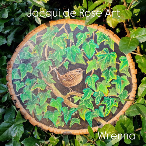 A - Large Hand painted Wood Slice - Wrenna - 30cm x 26 cm