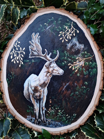A - Large painted wood slice - White Hart (36cm x 30cm)