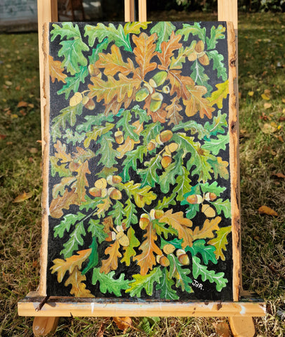 A - Large Hand painted Wood Slice - Autumn Oak - 13" x 9"