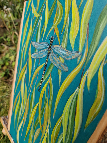 A - Large Hand painted Wood Slice - Dragonfly - 13" x 9"