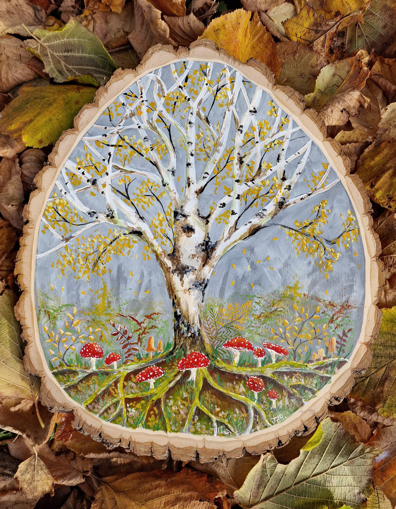 A - Large Hand painted Wood Slice - Autumn Birch -  38cm x 30cm