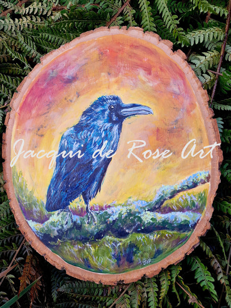 A - Large Hand painted Wood Slice - Wild Raven - 30cm x 26cm