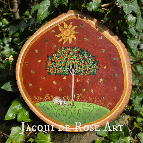 A - Hand painted Wood Slice - Medieval Orange Tree - 26 cm