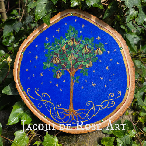 A - Hand painted Wood Slice - Medieval Pear Tree - 26 cm