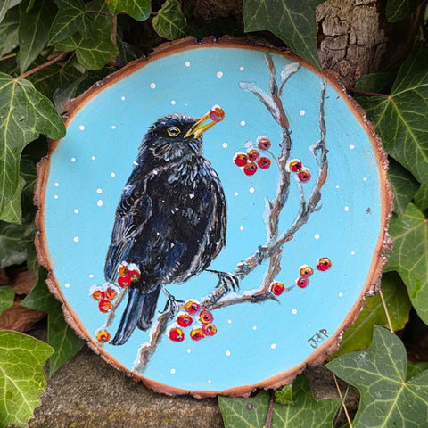 A - Hand painted Wood Slice - Blackbird - 18cm