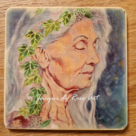 Wooden hand-finished coaster - The Crone