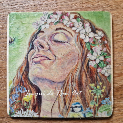Wooden hand-finished coaster - Eva the Maiden