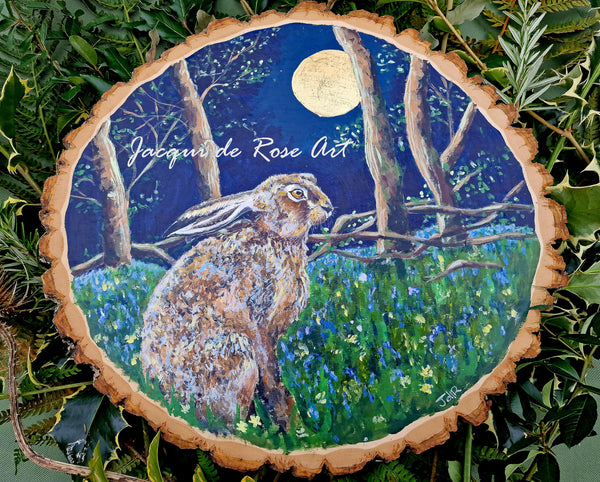A - Large painted wood slice - Spring Hare 2 (36cm x 31cm)