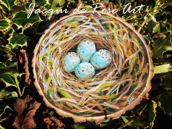 A - Hand painted Wood Slice - Bird's Nest - 18cm