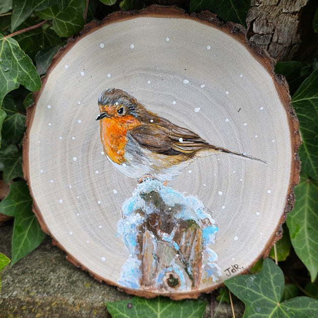 A - Hand painted Wood Slice - Robin - 18cm