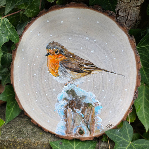 A - Hand painted Wood Slice - Robin - 18cm