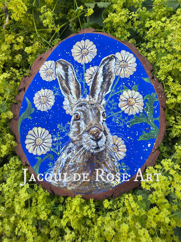 A - 2026 - Large painted wood slice - Summer Hare  (20cm x 17cm)