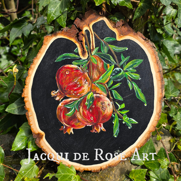 A - Hand painted Wood Slice - Medieval Pomegranates - 27cm