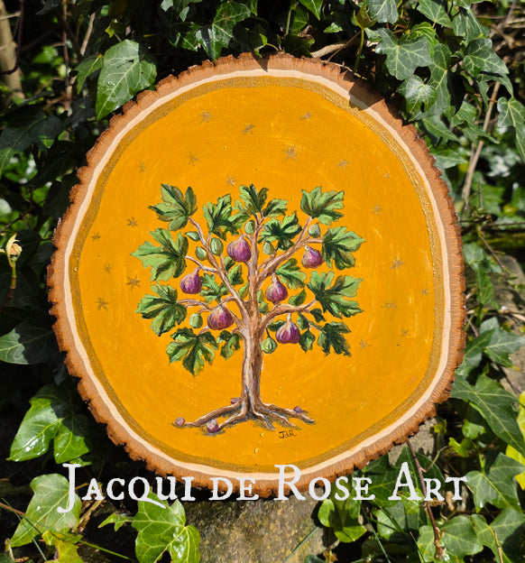 A - Hand painted Wood Slice - Medieval Fig Tree - 27cm