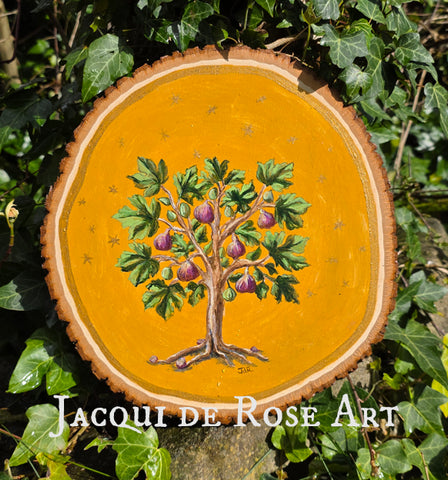 A - Hand painted Wood Slice - Medieval Fig Tree - 27cm
