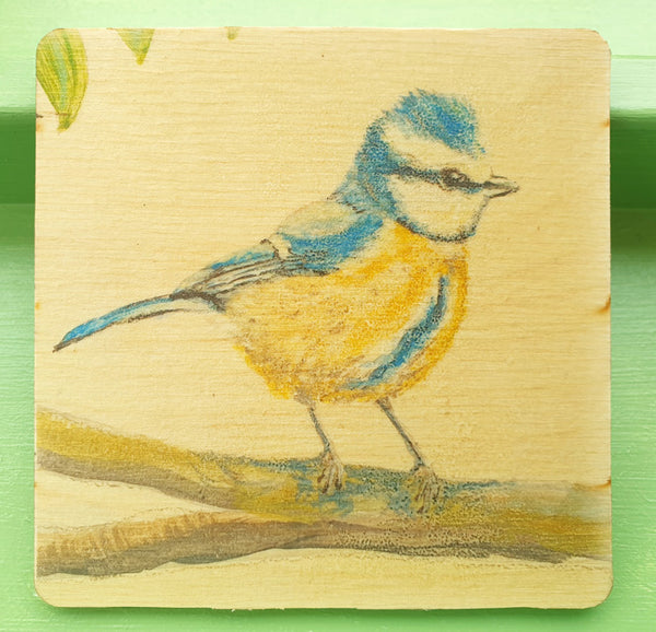 Wooden hand-finished coaster - A - Bluetit
