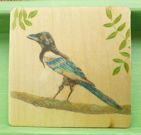 Wooden hand-finished coaster - A - Magpie