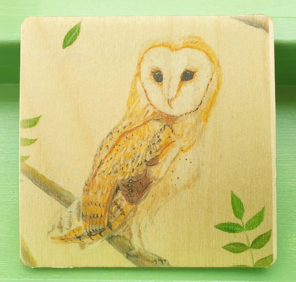 Wooden hand-finished coaster - A - Barn Owl